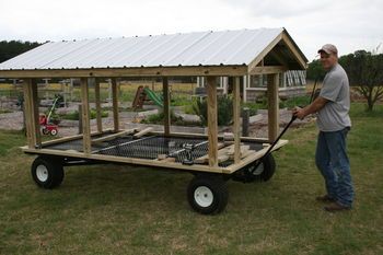 Our portable goose coop built on a wagon frame to make it easier to move on our uneven pastures. Description from backyardchickens.com. I searched for this on bing.com/images Goose Coop Ideas, Goose Coop, Turkey Coop, Goose House, Mobile Chicken Coop, Backyard Ducks, Water Catchment, Duck Coop, Portable Chicken Coop