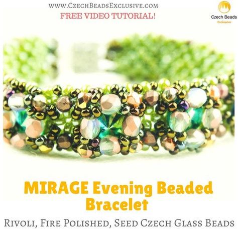 Rivoli, Fire Polished, Seed Czech Glass Beads - MIRAGE Evening Beaded Bracelet Free Pattern Video Tutorial Rope Bracelets Tutorial, Beaded Braclets, Twist Beads, Beading Techniques, Buy Bead, Necklace Patterns, Beaded Rope, Beaded Bracelet Patterns, Bracelet Tutorial