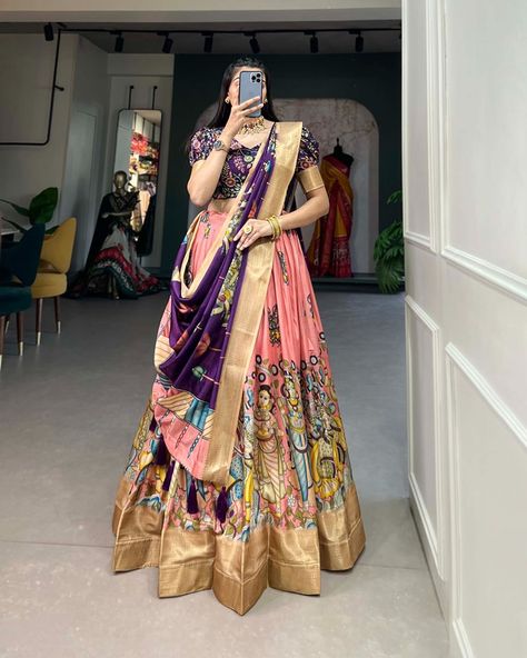 Shop now by contact or WhatsApp 097806 66577 ☀️☀️sale at 1950rs☀️☀️ *🌷Lehenga Choli🌷* Adorned in the elegance of Dola Silk and the intricate charm of Kalamkari prints, the lehenga choli whispers tales of tradition and beauty💐. *Lehenga(Stitched)* Lehenga Fabric : Dola Silk Lehenga Work : Kalamkari Print With Weaving Border Waist : SUPPORTED UP TO 42 Lehenga Stitching : Stitch With Canvas Lehenga Closer : Drawstring With Zip Length : 41 Flair : 3.40 Meter Inner : Micro Cotton *Blouse(... Kalamkari Prints, Peach Lehenga, Print Lehenga, Kalamkari Print, Mirror Work Lehenga, Sequin Saree, Organza Lehenga, Lehenga Fabric, Wedding Lehenga Designs