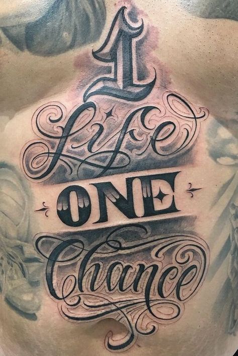 Lettering On Hand Tattoo, Stay In Your Lane Tattoo, Nothing Ventured Nothing Gained Tattoo, One Life One Chance Tattoo, Self Made Tattoo Lettering, Loyalty Out Values Everything Tattoo, Letters Tattoo Designs, Chicano Lettering Tattoo, Chance Tattoo