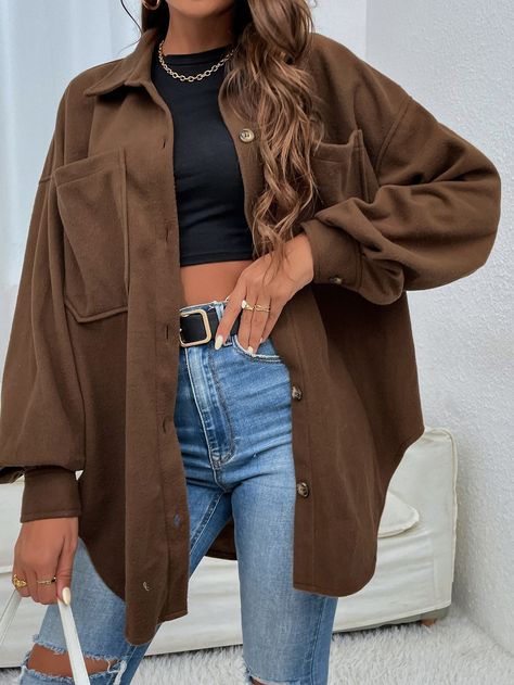 Coffee Casual Outfit, Marron Shirt Outfit Women, Brown Outer Outfit, Tan Shirt Outfit Women, Outfit With Brown Shirt, How To Style Brown Shirt, Dark Brown Shirt Outfit, Brown Button Up Outfit, Outfits With Brown Jacket