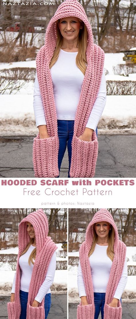 Pocket Hooded Scarf Wrap Free Crochet Patterns Crochet Hooded Scarf Pattern Free, Hooded Scarf With Pockets, Hooded Scarf Crochet, Crochet Earwarmers, Nanny Fran, Scarf Crochet Patterns, Crochet Hooded Scarf Pattern, Crochet Family, Crochet Hooded Cowl