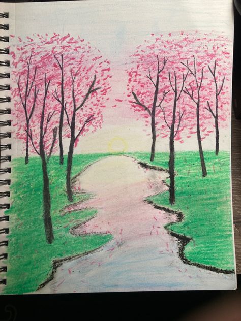 Easy Spring Drawings Simple, Spring Sketches Drawings, Easy Landscape Ideas Drawing, Spring Landscape Drawing, Spring Drawing Easy, Landscape Ideas Drawing, Spring Sketch, Casual Drawing, Cute Wolf Drawings