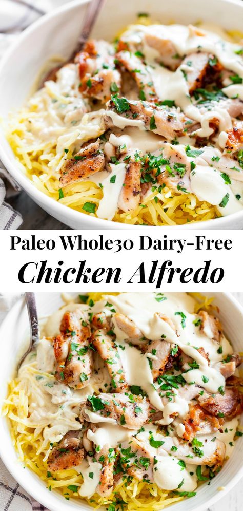 This creamy paleo chicken Alfredo is packed with flavor, quick to throw together and great for weeknights!  Tossed with perfectly “al dente” spaghetti squash, this meal is gluten free, dairy-free, low carb and Whole30 compliant.  #cleaneating #whole30 #lowcarb #keto Paleo Chicken Alfredo, Chicken Alfredo With Spaghetti Squash, Dairy Free Low Carb, Whole30 Dinner Recipes, Courge Spaghetti, Low Carb Low Fat Recipes, Whole30 Dinners, Whole 30 Diet, Boiled Egg Diet Plan