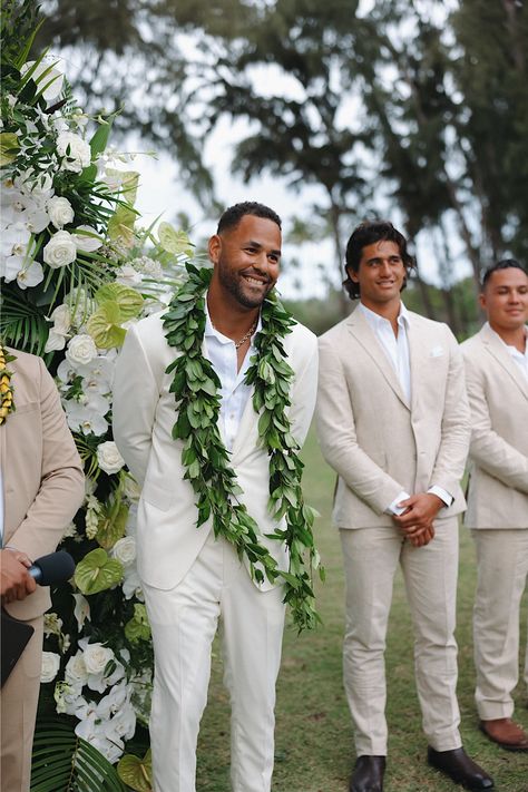 Kamu cracks a huge smile as Keely walks down the aisle towards him during their outdoor wedding ceremony at Turtle Bay on Oahu. Oahu Wedding | Oahu Wedding Photographer | Hawaii Wedding Photographer | Turtle Bay Wedding | Oahu Wedding Photos Turtle Bay Wedding Oahu Hawaii, Turtle Bay Resort Hawaii Wedding, Hawaii Wedding Groom Attire, Outdoor Wedding Suit, Turtle Bay Resort Hawaii, Hawaii Wedding Ideas, Intimate Elopement Ideas, Beach Wedding Groomsmen, Beach Wedding Suits