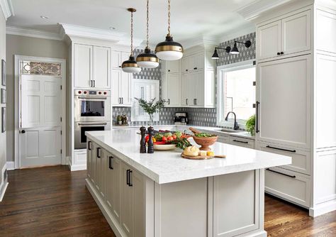 An Impressive Kitchen Transformation by Kandrac & Kole | Rue City Loft Kitchen Cabinets, Sherwin City Loft, Wall Mount Light Over Kitchen Sink, Sw City Loft, City Loft Sherwin Williams, Light Over Kitchen Sink, Luxury Kitchen Remodel, Over Kitchen Sink, Kitchen Planning