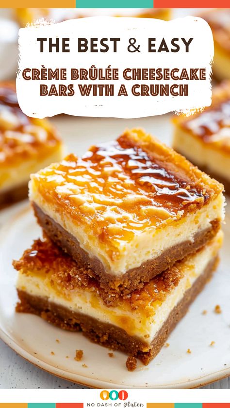 Experience the magic of Crème Brûlée Cheesecake Bars, where creamy cheesecake meets the caramelized crunch of crème brûlée on a vanilla crust. Perfect for dessert lovers seeking a unique twist on classic flavors. Ideal for parties, celebrations, or a decadent treat at home. Don't miss out on this mouthwatering creation that promises to delight your senses. Pin this recipe now and make your next dessert unforgettable. Share the love and enjoy every creamy, crunchy bite! Star Crunch Cheesecake, Yummy Unique Desserts, Crème Brûlée Bars, Creme Brulee Dessert Ideas, Cream Brulee Cake, Unique Birthday Dessert Ideas, Brown Butter Cheesecake Recipes, Crème Brûlée Cheesecake Bars, Savory Cheesecake Recipes