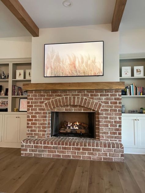 Scandinavian Brick Fireplace, Brick With Shiplap Fireplace, Woodburning Fireplace Ideas, Tv Above Brick Fireplace, Brick Fireplace Wood Mantle, Earthy Fireplace, Indoor Brick Fireplace, Half Brick Fireplace, Brick Electric Fireplace