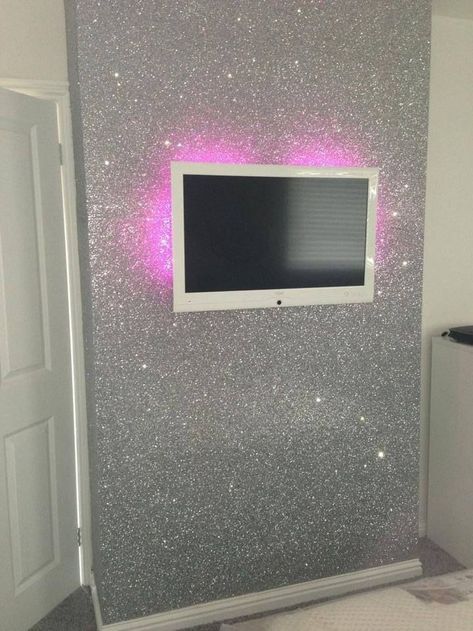 Glitter Wallpaper Bedroom, Glitter Accent Wall, Silver Glitter Wallpaper, Bedroom Silver, Glitter Bedroom, Glitter Room, Glitter Paint For Walls, Silver Bedroom, Sparkle Wallpaper