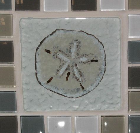 Sand dollar tile,glass tile,reverse glass painting,cape cod,shells,susan davies backsplash Reverse Glass Painting, Painted Tile, Hand Painted Tile, Sink Bathroom, Sand Dollar, Glass Tile, Porcelain Tile, Glass Painting, Cape Cod