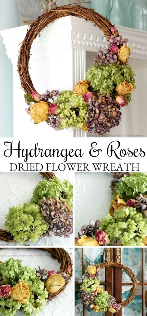 DIY Dried Hydrangea Wreaths | Grateful Prayer | Thankful Heart Wreath With Dry Flowers, Christmas Wreath With Dried Hydrangeas, Wreath With Dried Flowers, Dried Flower Wreath Diy Fall, Dried Hydrangea Wreath Diy, Wreaths With Dried Flowers, Dried Zinnia Wreath, Dried Floral Wreaths Diy, Dried Flower Grapevine Wreath