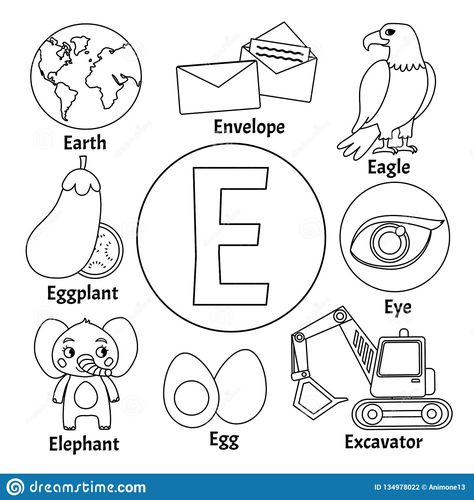 Illustration about Vector cute kids animal alphabet. Letter E. Set of cute cartoon illustrations. Coloring page. Illustration of letter, cute, animal - 134978022 Preschool Alphabet Book, Memory Book School, Animal Alphabet Letters, Kids Alphabet, Page Illustration, Alphabet Words, Abc Coloring Pages, Alphabet Phonics, Pre Writing Activities