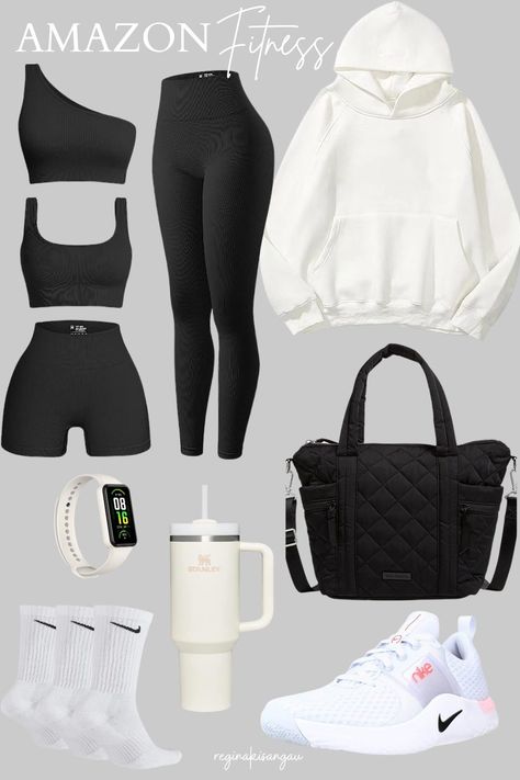 The best Amazon fitness finds: 4 Piece Active Set || White Hoodie  || Fitness & Health Tracker || Stanley Tumbler || Vera Bradley Tote Bag || Nike Socks || Nike Sneakers This collage is curated Nike Set Outfits Women, Sportwear Outfit Woman, Gym Bag Essentials Women, Nike Socks Outfit, Crew Socks Outfit, Sportwear Outfit, Bag Nike, Workout Clothes Nike, Socks Nike