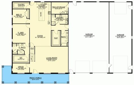 First level floor plan of the Classy 4BHK Barndominium with a 6-car garage, front porch, living room, office, dining room, kitchen, laundry room, storage, bath, pantry, and 2 bedrooms. Barndominium Rv Garage, Barndominium Ideas With Rv Garage, Rv Barndominium Floor Plans, House With Rv Garage Attached, Barndominium With Rv Garage, 40x60 Shop With Living Quarters, Barndominium With Basement, Shop With Living Quarters Plans, Rv Barndominium