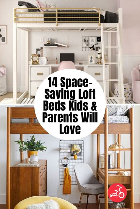 14 Space-Saving Loft Beds Kids & Parents Will Love Shared Room Ideas Small Space, Lofted Twin Bed, Shared Loft Bedroom Kids, Shared Room With Loft Beds, Loft Bed Ideas For Small Rooms Storage, Short Loft Bed Ideas, 2 Girls Bedroom Ideas Small Spaces, Bunk Bed Rooms Space Saving, Kid Loft Bed Ideas