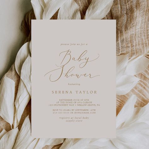 Delicate Gold Calligraphy Cream Baby Shower Invitation #zazzle #weddinginvitations #birthdayinvitations #babyshowerinvitations #zazzleinvitations #monogram #businesscards #graduation #homedecor Simple Baby Shower Invites, White And Gold Baby Shower Ideas, Beige Baby Shower Ideas, All White Baby Shower Theme, White Baby Shower Theme, Elegant Baby Shower Ideas, Baby Shower Minimalist, Shower Romantic, Summer Calligraphy