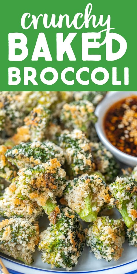 This Crunchy Baked Broccoli with Spicy Soy Sauce is deliciously addicting and great for an easy appetizer or a dinner side dish! The panko adds a light, crispy crunch and the batter adds flavor and amazing texture to the broccoli. Kid friendly and perfect with saucy noodles! #crunchybroccoli #pankobroccoli #appetizer #kidfriendly #veganrecipe Crispy Broccoli Recipes, Crispy Garlic Broccoli, Saucy Vegetable Recipes, Best Baked Broccoli Recipe, How To Make Crispy Broccoli, Crispy Baked Broccoli, Best Broccoli Side Dish, Crispy Broccoli Baked, Broccoli Snack Recipes