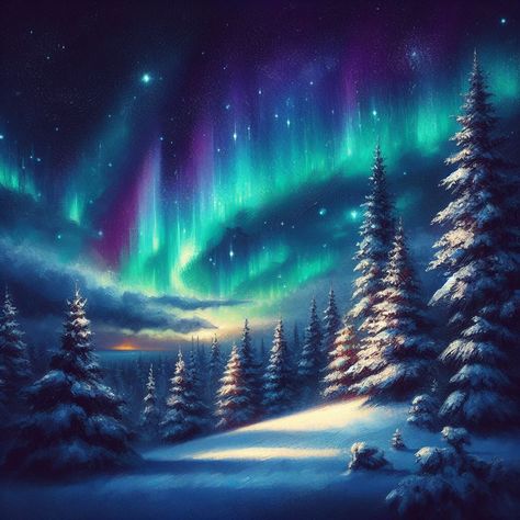 This print features a realistic painting of the perfect Christmas night. It's clear, cold and starry and you can see the beautiful northern lights shining its array of bright green, blue and purple colors. This print is perfect for decorating your own space or giving as a gift to someone special. Starry Christmas, Christmas Wall Prints, Northern Lights Painting, Christmas Landscape, Winter Sky, Great Backgrounds, Seasons Art, The Northern Lights, Mountain Scene