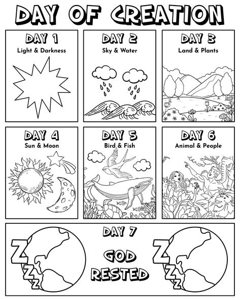 The Creation Coloring Pages, 7 Days Of Gods Creation, Creation Story Colouring Sheet, God Made The World Coloring Page, Days Of Creation Worksheet, Seven Days Creation Of God, Second Day Of Creation Craft, The 7 Days Of Creation, The Creation Bible Craft