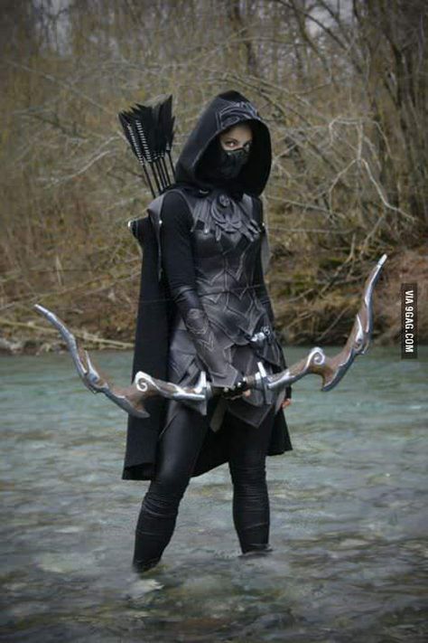 Skyrim Nightingale cosplay I do like this outfit but the Elf Cosplay would be so epic! An Arrow, Nightingale, Skyrim, A Woman, Water, Black