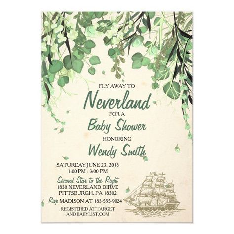 Vintage Peter Pan, Peter Pan Neverland, Boy Shower Invitations, Baby Shower Vintage, Baby Shower Invitation Cards, Woodland Baby Shower Invitations, Vintage Invitations, Baby Shower Invites, Baby Shower Invitations For Boys