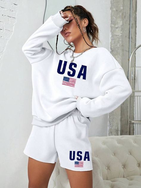 SHEIN EZwear American Flag & Letter Graphic Drop Shoulder Sweatshirt & Shorts Seaside Sweatshirt, Sweatshirt Shorts, Winter Sweater Dresses, Drop Shoulder Sweatshirt, Chic Maxi Dresses, Women Sweatshirt, Dropped Shoulder Sweatshirt, Blue And White Style, Floral Sundress