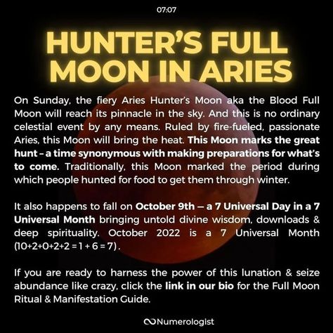 Spiritual Awakening ✨ on Instagram: "Sunday’s Full Moon coincides with a 7 Universal Day. While the Aries Moon will help you create fiery intentions. 🌕🍃✨ The “7” will be working simultaneously in the spirit world on your manifestations. ♾️ Get the FULL MOON RITUAL to tap the power of this lunation at the link in our bio!⁠ ⁠. ⁠. ⁠. ⁠. ⁠. ⁠. ⁠. ⁠. #numerologistcom #fullmoon #ariesmoon #fullmoonparty #moonchild #luna #moonmagic #moonlight #manifestation #moonphases #spiritualgrowth #vibratehigher Full Moon Manifestation, Moon Manifestation, Aries Moon, Moon In Aries, Full Moon In Aries, Astrology Today, Moon Astrology, Full Moon Party, Moon Ritual