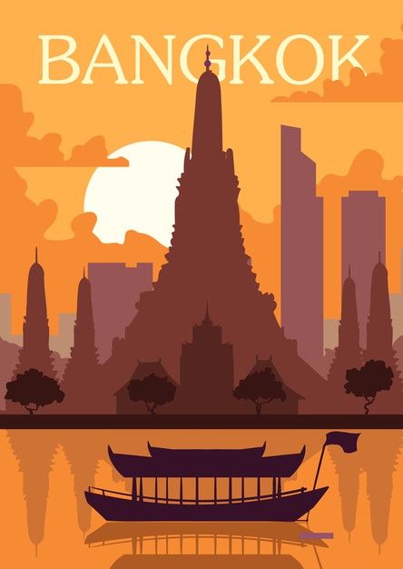 Thailand Vintage Poster, Bangkok Graphic Design, Vector Travel Poster, Bangkok Painting, Bangkok Illustration, Location Posters, Bangkok Poster, Vector Poster Design, Art Deco Travel Posters