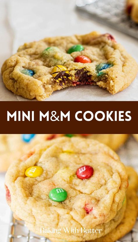 Delicious Mini M&M Cookies - packed with colorful candy pieces in every bite. Mnm Cookies, M M Cookies, Cookie Ball, School Snack, Pretty Cookies, Perfect Cookie, Cookie Scoop, Homemade Treats, Chewy Cookie