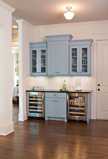 Kitchen Beverage Center, Kitchen Interior Modern, Basement Kitchenette, Custom Cabinet Doors, Home Coffee Stations, Small Basement, Basement Kitchen, Small Basements, Eclectic Kitchen