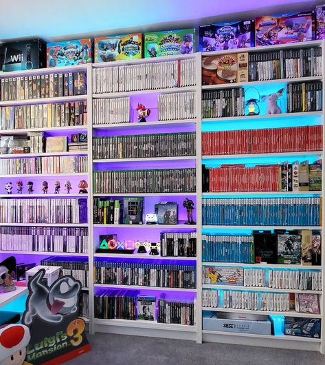 Console Room Setup, Gamer Collector Room, Gaming Room Shelves, Video Game Room Ideas For Adults, Movie Collection Display, Video Game Storage Ideas, Gamer Basement, Gaming Shelves, Game Shelves