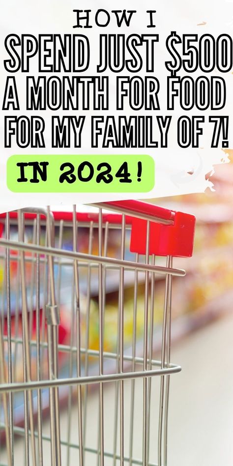 zoomed in image of grocery cart with text overlay that reads "how I spend just $500 a month for food for my family of 7 in 2024" How To Grocery Shop On A Budget Families, Groceries On A Budget Families, Money Saving Grocery List, How To Buy Groceries On A Budget, Being Thrifty Frugal Living, 25 Dollar Grocery Budget, Grocery Hacks Saving Money, How To Buy Groceries For A Month, 100 Week Grocery Budget