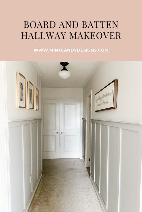 Spring ORC - Board and Batten Hallway Makeover Reveal - Batten Hallway, Hallway Board And Batten, Easy Board And Batten, Board And Batten Hallway, Hallway Remodel, Hallway Panelling, Hallway Makeover, Narrow Hallway Decorating, Board And Batten Wall