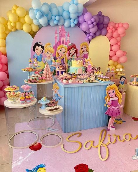 Disney Princess Birthday Decor, Disney Princess Treats Dessert Tables, Princess Theme 3rd Birthday Party, Cincoañera Party Ideas, Disney Princess Theme Party Decorations, Baby Disney Princess Party, Baby Disney Princess Birthday Party, Disney Princess Decorations Party, 3rd Princess Birthday Party Ideas