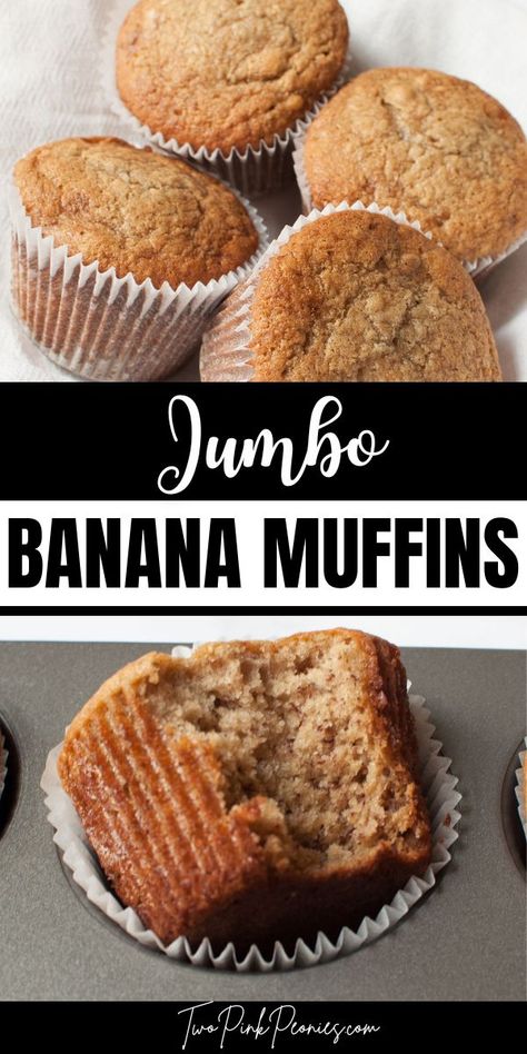 Text that says Jumbo banana muffins above and below the text are images of jumbo (extra large) banana muffins. Texas Size Banana Muffins, Jumbo Bakery Style Banana Muffins, Big Breakfast Muffins, Jumbo Banana Muffins Recipes, Jumbo Muffin Recipes Breakfast, Banana Muffins Jumbo, Jumbo Muffins Recipes Easy, Large Banana Muffins, Jumbo Banana Nut Muffins