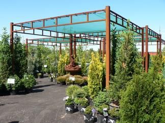 Haiku Shade---structures, benches, etc. for garden centers Shade Loving Shrubs, Garden Center Displays, Magnolia Gardens, Outdoor Nursery, Backyard Shade, Garden Centers, Farmhouse Garden, Garden Nursery, Garden Cafe