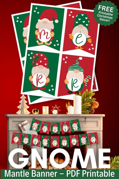 FREE Printable Christmas Gnome Mantle Banner Merry Christmas Banner Printable, Christmas Banner Printable, Free Printable Banner Letters, Kids Banner, Banner Clip Art, Printable Banner Letters, Free Printable Banner, Christmas Download, Merry Christmas Banner