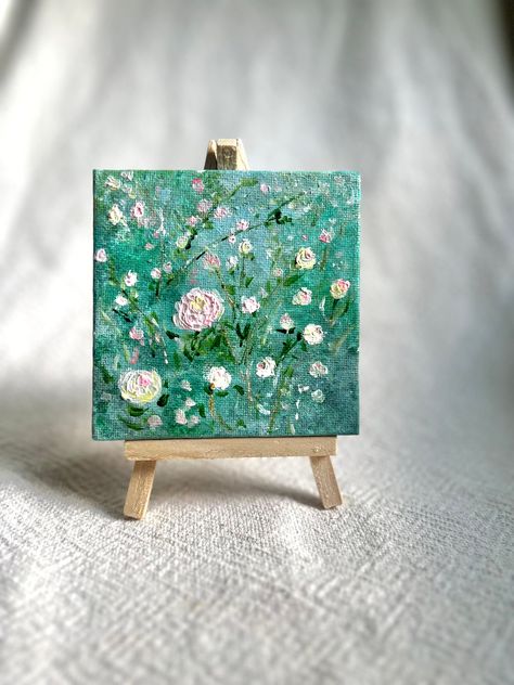 Original miniature painting on canvas. Mini acrylic painting with easel. Acrylic miniature painting on small canvas. Original mini nature art is hand painted. This tiny art is inspired by the beauty of nature and everyday life. It measures: 4inches x 4inches This tiny painting would look great on windowsill, working desk, shelf, chest of drawers, to give as a gift or keep for yourself. Abstract Rose Painting, Painting On Small Canvas, Mini Tela, Water Lilies Painting, Swan Painting, Field Paint, Abstract Rose, Flower Canvas Art, Tiny Art