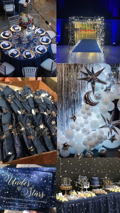 Night Under Stars Theme, Starry Night Quinceanera Decoration, Sun And Moon Quinceanera Theme, Star Theme Sweet 16, Prom Ideas Theme Starry Nights, Starry Night Quince Theme, Starry Night Gender Reveal, Lala Land Party, Night Sky Party Theme