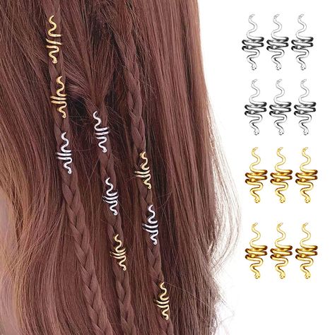 PRICES MAY VARY. Hair Spiral Beads Coils: Vintage silver and gold dreadlocks coil looks like a snake, each dreadlock coil measures 1in in length, and 0.3in in diameter. Classic and elegant, will definitely decorate your hair in an attractive way, help to show your personality. Attractive Hairstyle: They gave you extra hair accessories when you want to add something extra on your hair, making your hairstyle more attractive. You can apply them on braids, ponytails, dreadlocks and twists, ect. 18 P Snake Braids, Loc Hair Jewelry, Jewelry For Hair, Snake Braid, Pirate Hair, Hair Braid Beads, Spiral Braid, Snake Hair, Dreadlock Jewelry