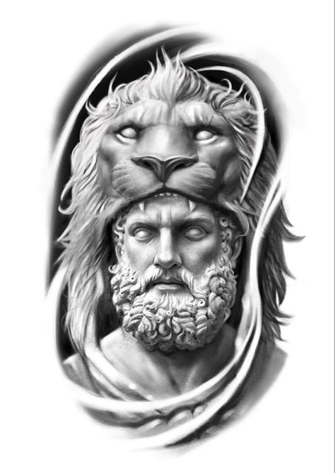 Hercules Drawing, Hercules Tattoo, Roman Tattoo, Chicano Tattoos Sleeve, Spartan Tattoo, Statue Tattoo, Greek Mythology Tattoos, Men Tattoos Arm Sleeve, Lion Tattoo Design