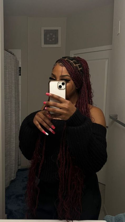 Knotless Box Braid Hairstyles Ideas, Dark Red Passion Twists, Bohemian Hairstyles Black Women, Long Protective Hairstyles, Full Knotless Braids, Dark Skin Hairstyles, Bohemian Locs Black Women, Bohemian Braids Natural Hair, Knotless Box Braids Hairstyles Ideas