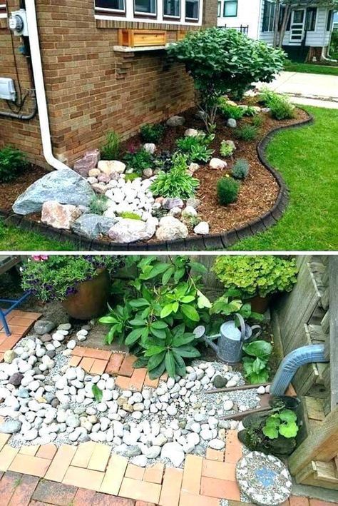 Downspout splash block | Best Downspout landscaping ideas #downspout #downspoutlandscape #landscapingideas #farmfoodfamily Downspout Landscaping, Taman Diy, Desain Lanskap, Gravel Garden, Rock Garden Landscaping, Garden Yard Ideas, Landscaping Tips, Diy Landscaping, Diy Garden Projects