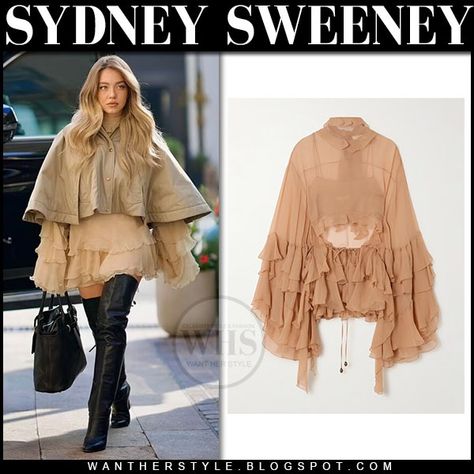 Sydney Sweeney in beige cape, chloe beige ruffle blouse dress and black boots Sydney Sweeney Chloe, Chloe Inspired Outfits, Sydney Sweeney Fashion, Ruffle Blouse Outfit, Dress And Black Boots, Chloe 2024, Chloe Outfit, Blush Pumps, Clothes Combination