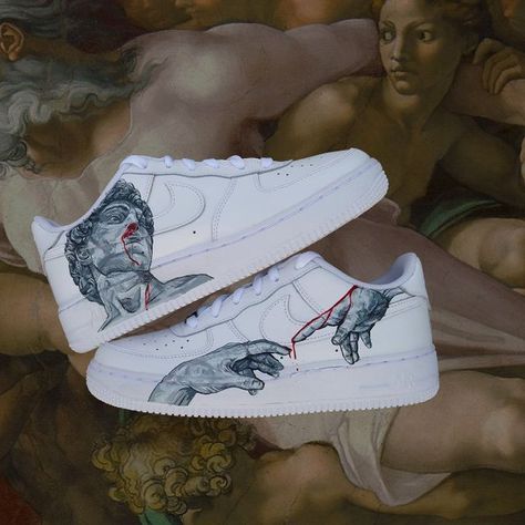 The Creation of Adam by micassocustoms The Creation Of Adam, Air Force 1 Custom, Custom Air Force 1, Unique Sculptures, Hand Painted Shoes, Sneaker Games, Nike Cortez, Painted Shoes, Seychelles