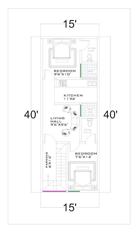 15x30 House Plans India, 15x40 House Plans, Small Modern House Design, Perfect House Plan, Budget House Plans, West Facing House, 20x40 House Plans, 30x40 House Plans, 2bhk House Plan