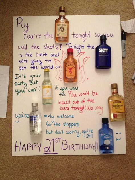 Poster made with liquor or candy 21st Birthday Gifts For Guys, Diy 21st Birthday Gifts, 21st Birthday Cake For Guys, 21st Birthday Poster, 21st Birthday Diy, Homemade Birthday Gifts, Guys 21st Birthday, 21st Birthday Presents, Birthday 21st