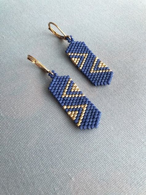 Handwoven earrings with golden geometric pattern Miyuki | Etsy Nordic Beaded Earrings, Small Miyuki Earrings, Miyuki Beads Earrings, Miyuki Earrings Pattern, Brickstitch Earring Patterns, Brick Stitch Earrings Tutorial, Bead Art Patterns, Delica Beaded Earrings, Brick Stitch Earrings Pattern