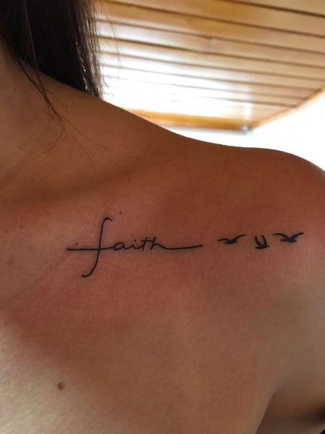 Faith #tattoo #birds #small #faith Faith Over Fear Collar Bone Tattoo, Faith Tattoo With Birds, Faith Tattoo On Collar Bone, Faith Rib Tattoo, Faith Collar Bone Tattoo, Christian Collar Bone Tattoo, Clavicle Tattoos For Women Quotes, Small Tattoos Collar Bone, Faith Over Fear Tattoo For Women