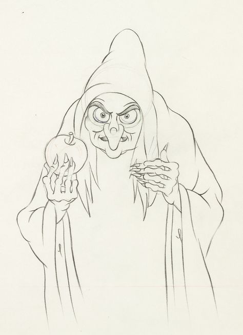 Animation drawing from Disney’s Snow White (1937). The Old Hag was one of those uncompromisingly scary Disney villains–Snow White was never just a children’s film. Apple Animation, Snow White Drawing, Scary Disney, Snow White Witch, Snow White 1937, Disney Drawing Tutorial, Witch Drawing, Old Hag, Animation Drawing